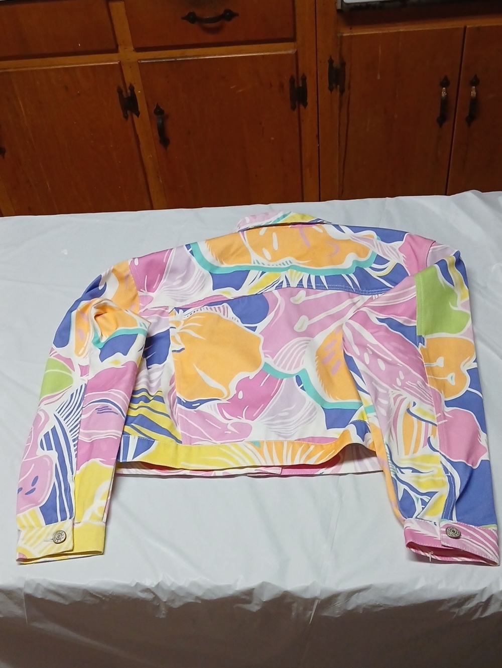 Jaded London Cropped Denim Trucker Jacket Multicolor Tropical Floral Print Sz L - Picture 8 of 16